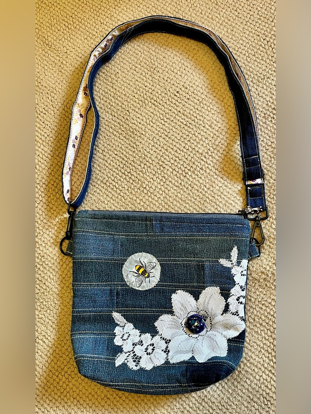 Blue Denim Floral Crossbody Bag with White Lace Applique hippie boho upcycling